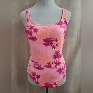 Speedo Orange Pink Floral One Piece Swimsuit Built In Bra Low Back Beach Size 12